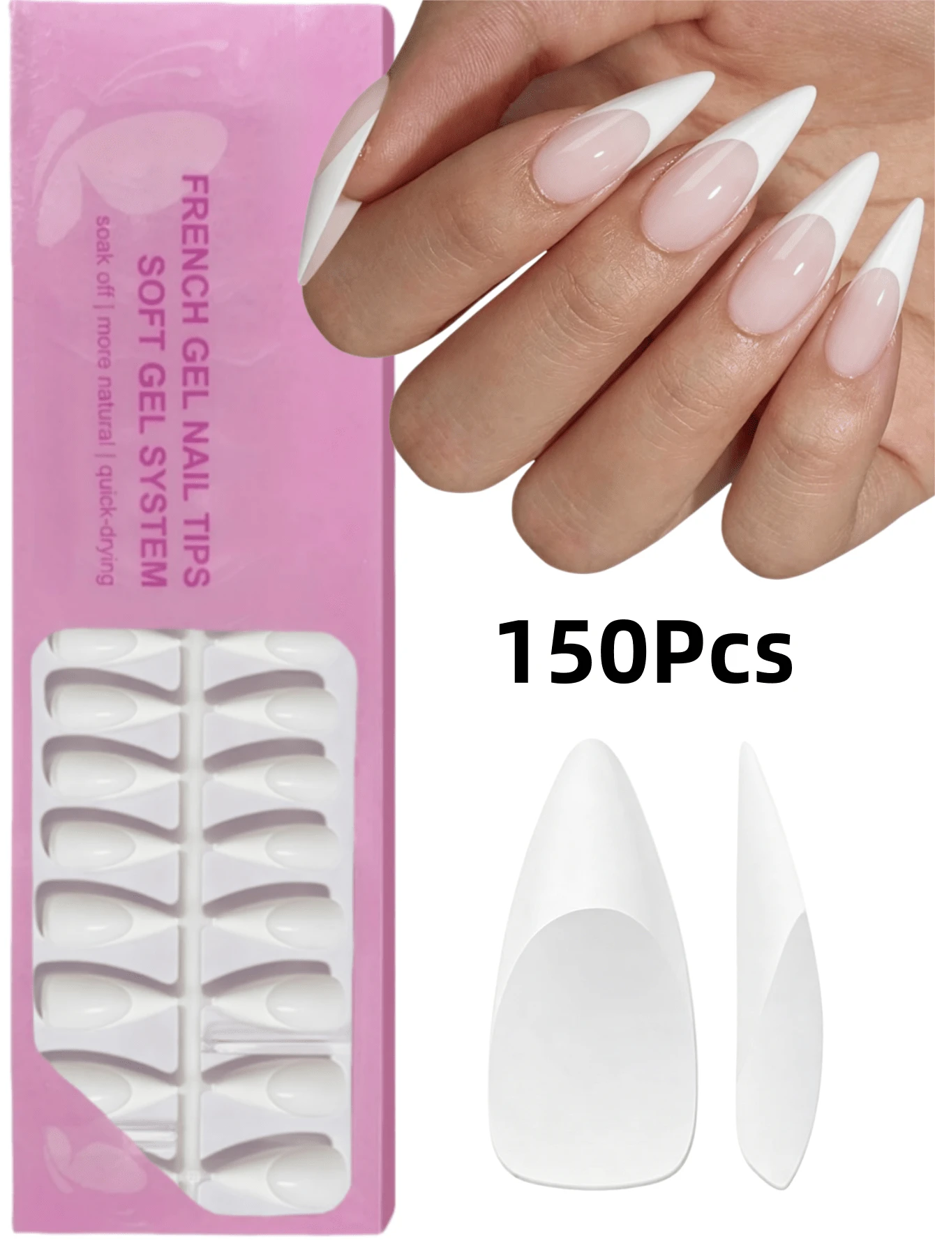 150pcs Ujung Kuku Gel Panjang dan Lancip, Ujung Kuku French Putih untuk Ditempelkan pada Kuku, Ujung Kuku Gel French Persegi 3-in-1 untuk Seni Kuku DIY, 15 Ukuran Cocok untuk Wanita dan Salon Kuku - Putih - View 1