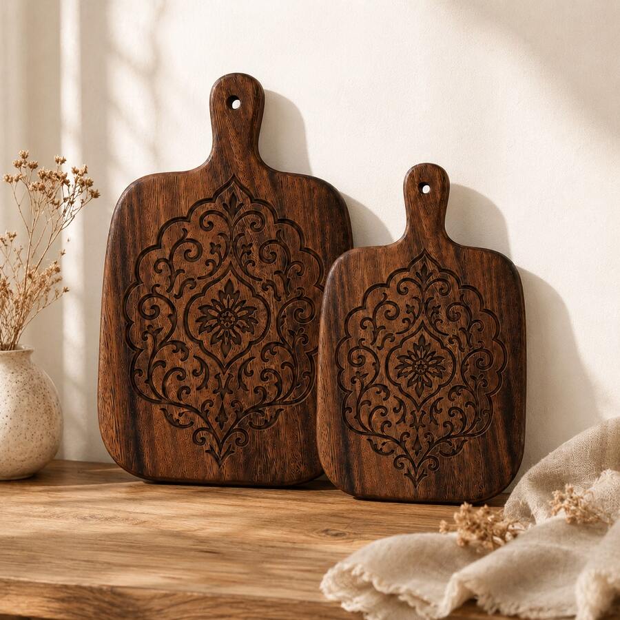 2PCS/1PC Walnut Wood Carved Cutting Board, Artistic Carved Steak Board, Desktop Decor Cutting Board, Fashion Long Handle, Solid Wood, For Cutting Meat, Cheese, Bread, Vegetables And Fruits - Charcuterie Board Cheese Serving Board, Perfect For Food Slicing And Presentation, Portable Camping Cutting Board, Modern Home Country Kitchen Essential. Mother's Day Gift, Wedding Season Kitchen Supplies - 01 - View 1