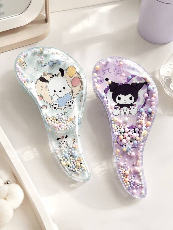 1pc MINISO Sanrio Pochacco Kuromi Officially Licensed Shaking Bead Air Cushion Hairbrush, 2 Styles Available, Transparent Palm-Sized Hairbrush, Ball-Tip Bristle Comb, Suitable For Daily Makeup And Best Friend Collection