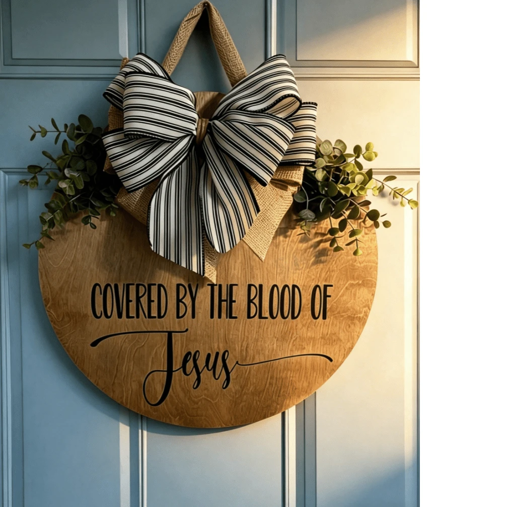 Covered By The Blood Of Jesus Sign, Artificial Wood Religious Housewarming Gift With Door Hanging Decor, Suitable For Home Decoration, Front Door Scripture Display, Church Or Home Entrance Prayer Reminder, Faith-Based Design, Handmade Appearance, Faith-Based Gift - Multicolor - View 1