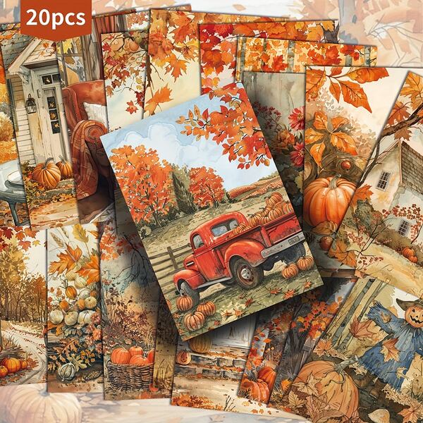 20 Adet Vintage Sonbahar Şükran Günü Balkabağı ve Akçaağaç Yaprağı Kartpostal - Sonbahar Junk Journal Kağıdı, Klasik Zarif İllüstrasyon, Koleksiyonluk Dekoratif Sanat Kartları, Scrapbooking ve El Emeği Zanaatlar İçin Uygun