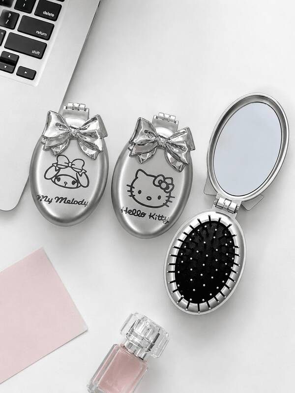 1pc MINISO Sanrio Licensed Hello Kitty Or My Melody Cyber-Sweetheart Folding Cushion Brush With Mirror, Vintage Chrome Portable Comb, Suitable For Daily Makeup, Quick Touch-Ups And Best Friend/Couple Collection