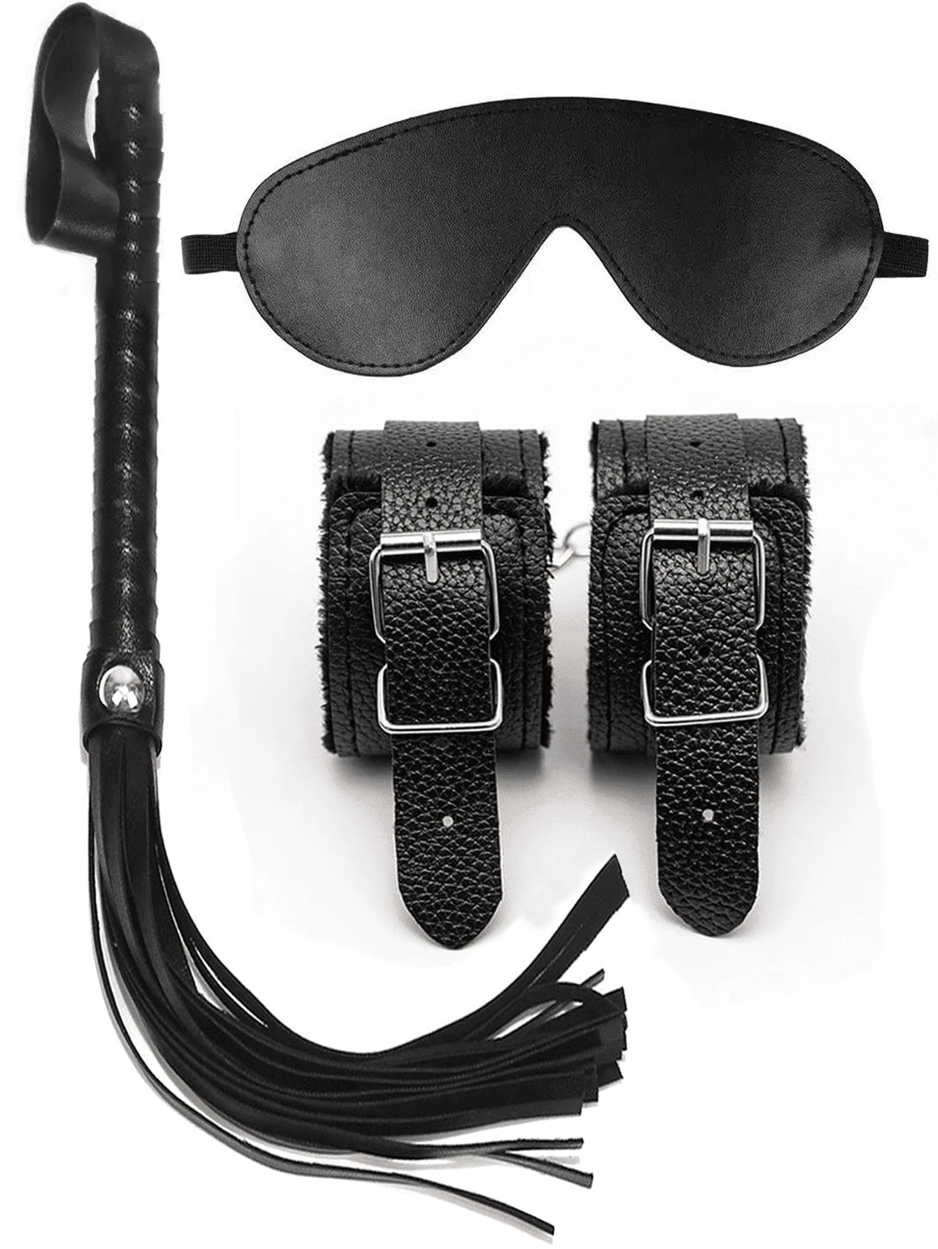 Conjunto de Bondage de 3 Peças em Pelúcia e Couro Sintético com Algemas, Chicote, , Punhos Ajustáveis, Acessórios de Role Play para Casais Estilo SM, Equipamento Fetichista, Adereços para Jogos de Quarto, Jogo Romântico, Presente de Dia dos Namorados - 3 peças - Visão 1