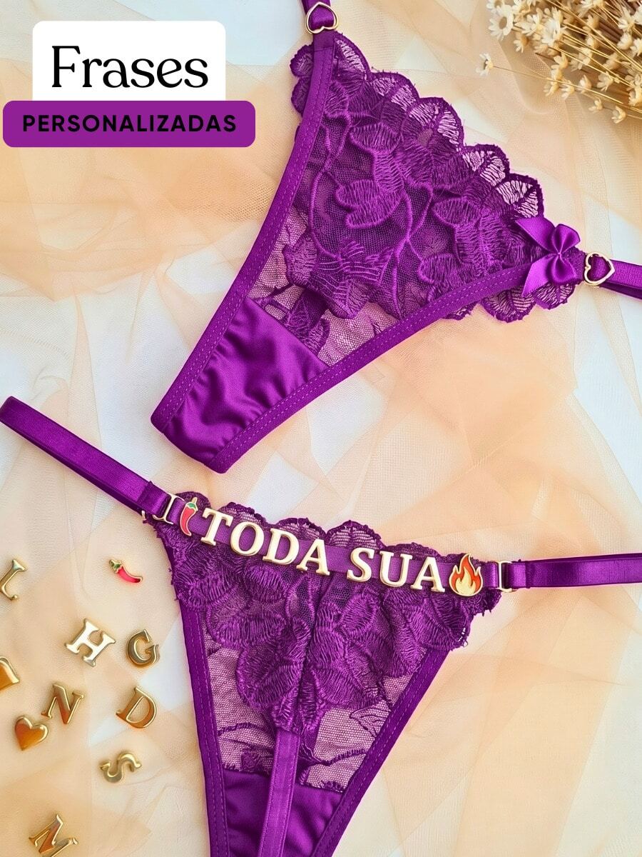 Calcinha Fio Tanga Sensual Frases e Nomes Personalizados Tule Bordado Regulagem Estilosa Divertida G