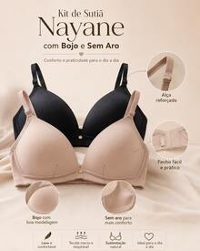 Kit 2 Sutiãs Nayane Reforçado Sustentação Com Bojo Sem Aro Confortável - Preto e Bege - Visão 2