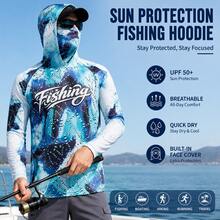 Men's Blue Printed Hooded Fishing Shirt With Face Mask, Long Sleeve Sun Protection Top Sports Fall - Cadet Blue - View 3