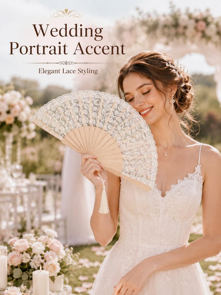 Vintage Spitzen-Faltfächer mit Rippen, Hochzeitsfotografie-Requisite, exklusiver Spitzen-Faltfächer für Brautjungfern bei Outdoor-Hochzeiten, eleganter Hochzeitsgast-Souvenir, tragbarer Spitzen-Handfächer - Antiker Fächer - Übersicht 1