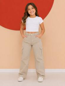 Wide Leg Youth Cargo Pants - Beige - View 1