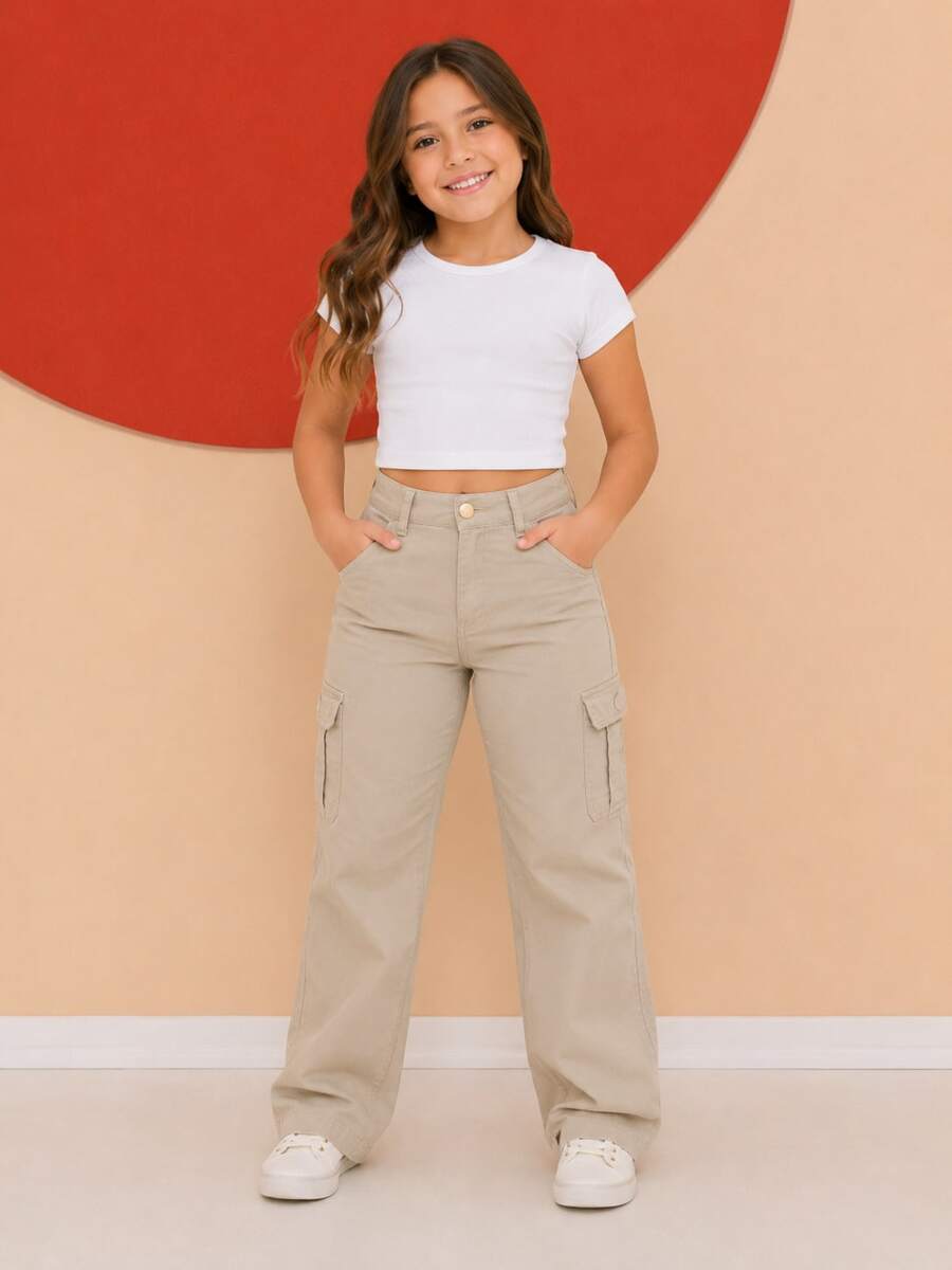 Wide Leg Youth Cargo Pants - Beige - View 1