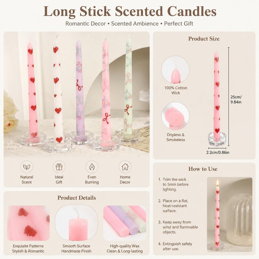 2pcs/Pack Sweet Printed Taper Scented Candles, Heart Bow Cherry Pattern Long Dinner Candle, Romantic Table Decor Candlestick For Valentine's Day, Birthday, Wedding, Party Atmosphere Decor Gift - 2pcs - View 1