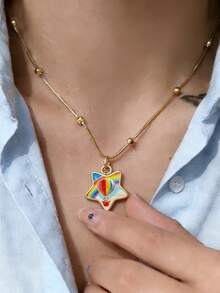 1pc Stainless Steel Chain Star Pendant Necklace, Sun Moon Star Oil Drop Exquisite Pendant Necklace, Flower Pattern Charm, Women's Fashion Jewelry, Vacation Accessory - Multicolor - View 10