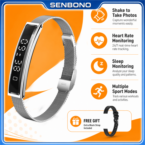 SENBONO Neues elegantes und modisches Smart-Armband für Männer und Frauen Fitness-Tracker, Multi-Übungsmodus, Schrittzähler, Schlafüberwachung, Foto-/Aufnahmekontrolle, Stressüberwachung, Outdoor-Sport Smartwatch für Männer und Frauen