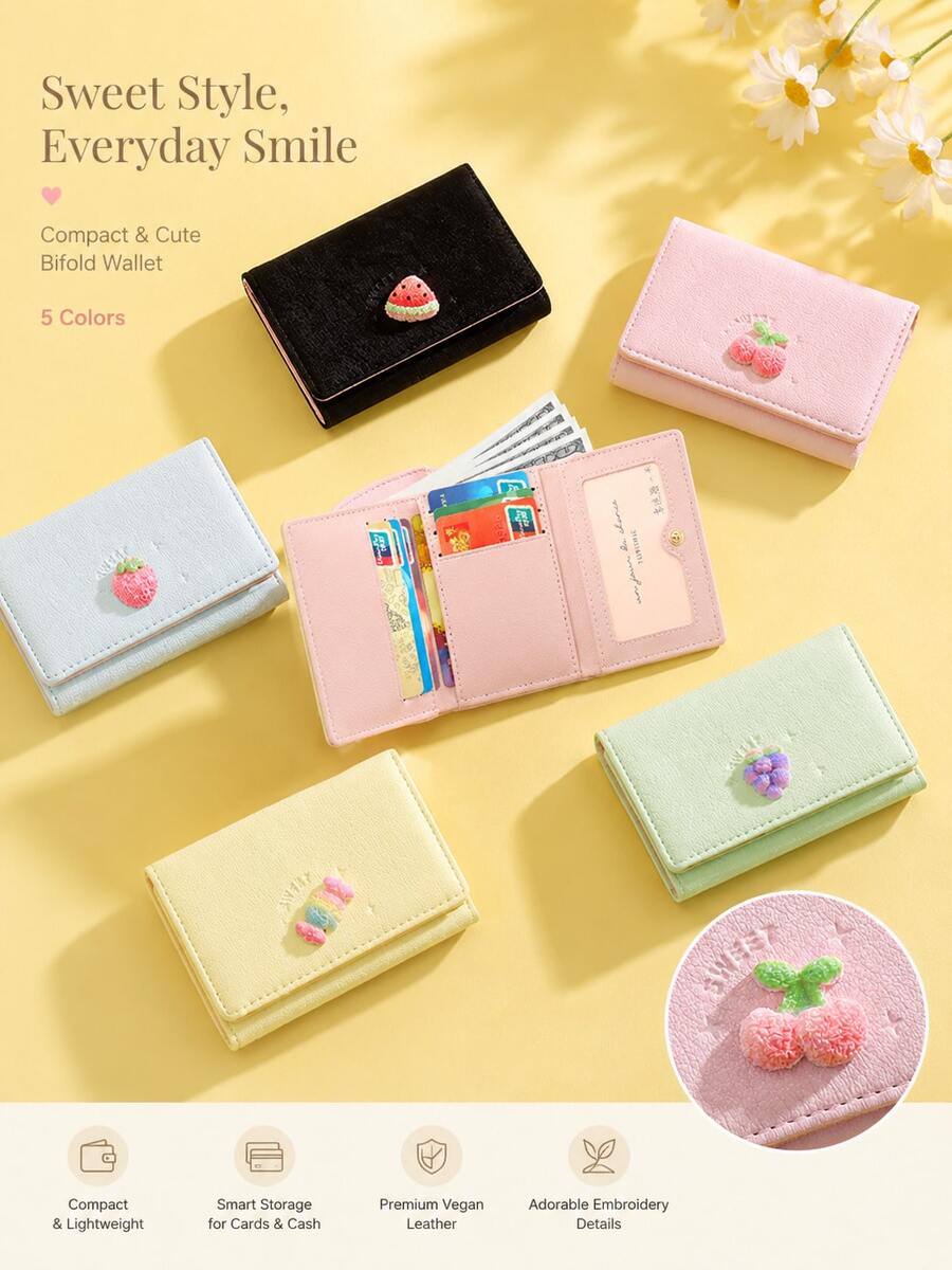 Fashionable Fruit Pattern PU Leather Wallet - Compact Zipper Credit Card Holder And Coin Purse, Snap Coin & Credit Card Pockets, Short Girl's Wallet, Korean Style Portable Cute Fruit Patchwork Purse, Travel Fashion Accessory