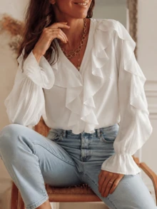 Plus Size Elegant Commuter Solid Color Ruffle Top White - White - View 6