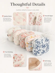 Vintage Ditsy Floral Makeup Bag, Multiple Colors Available, Regular Style, Quilted Diamond Stitching, Cute Print Design Storage Bag, Lightweight Large Capacity, Portable Storage Organizer, Can Store Cosmetics/Sanitary Pads And Other Small Items - Multicolor - View 4