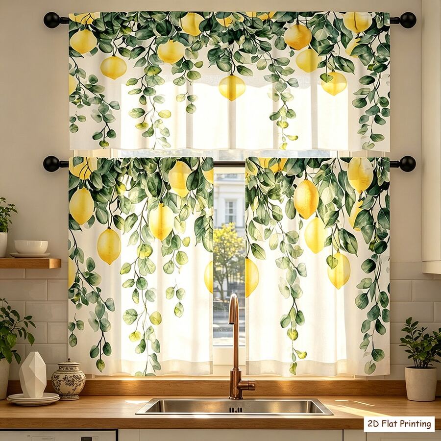 2 pezzi/1 pezzo Set di tende da cucina, combinazione di tende con stampa di foglie verdi vintage e limoni, tende a strati con tasca per asta, adatte per sala da pranzo, caffè, soggiorno, decorazione per la casa, tenda + tenda - Multicolore - Visualizzare 1
