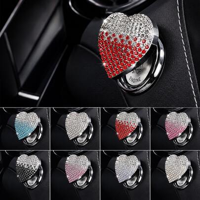 Heart-Shaped Shiny Alloy Rhinestone Car Start/Stop Button Protective Cover, Universal Engine Ignition Switch Protector Sticker, Women's Anti-Scratch Decorative Sticker, Cute Car Interior Accessory, Luxurious Car Interior Decoration