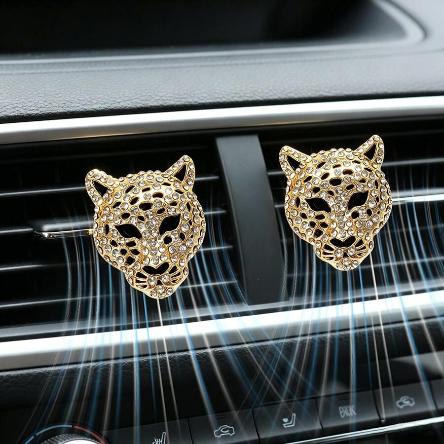 亮面豹紋汽車出風口夾,水鑽汽車出風口夾,豹紋汽車配件,女性鑽石亮面飾品(銀色與金色),金屬豹紋汽車出風口夾,汽車出風口裝飾夾 - A - 查看 1