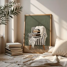 1 Pc Unframed Posters Wall Arts Cozy Reading Nook Wall Art Stack Of Books On Chair Canvas Print Neutral Aesthetic Decor Book Lover Minimalist Literary Artwork - Abstract - View 2