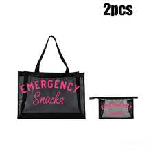 2pcs Black Mesh Makeup Bag, Large Beach Storage Bag, Pink Text Print, Travel Toiletry Bag, Outdoor Summer Vacation Shopping Gift - Black - View 2