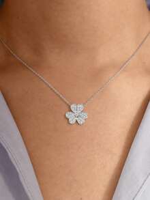 1pc Sterling Silver Minimalist Clover Pendant Necklace, Floral Cubic Zirconia Charm Clavicle Chain - Necklace - View 4