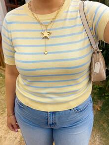Women's V-Neck Short Sleeve Knit Top, Front Button Decor, Minimalist Fashion Versatile Casual Style Yellow - Yellow - View 4