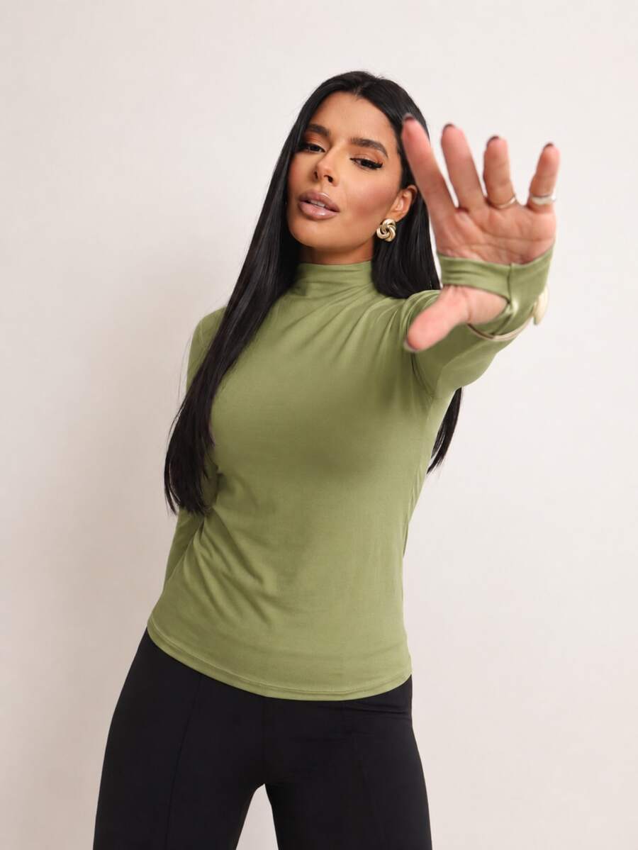Basic Polyamide Blouse, Long Sleeves With Thumb Loops, High Neck. Second Skin, Plus Size/Slim. - 橄欖綠 - 查看 1