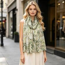 Women's Luxury Gold Foil Watercolor Leaf Print Scarf, Soft Atmosphere Versatile Decorative Shawl, Pink Orange Warm / Yellow Orange Sunset / Ice Blue Fresh / Forest Green / Morandi Earth Tone Multi-Color Options, Fringed Long Polyester Fiber Skin-Friendly Soft Large Size 88x180cm, Spring Summer Autumn Three-Season Multi-Use Silk Scarf, Daily Commute Beach Vacation Travel Photo Outfit Accessory - Multicolor - View 7