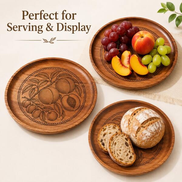 1pc Creative Walnut Wood Carved Peach Round Wooden Plate, Western Dinner Plate, Steak Plate, Candy Dish, Fruit Plate, Solid Wood Pizza Board Tray