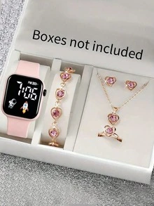 6pcs/Pink Heart-Shaped Full Jewelry Set + Astronaut/Rocket Digital Display Electronic Watch Complete Set, Sweet And Energetic, Versatile For Students And Daily Commute, One Set To Complete Your Outfit Accessories. Suitable For Parties, Dates, Outings And Various Holidays - Multicolor - View 1
