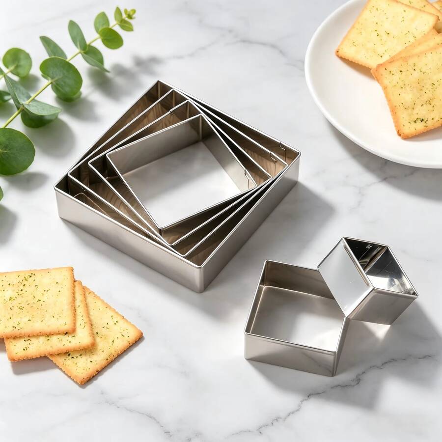Cake Ring Set, 5PCS Square Stainless Steel, Smooth Edge Easy Clean, Pancake Biscuit Molds, Cake Decorating - Silver - View 1