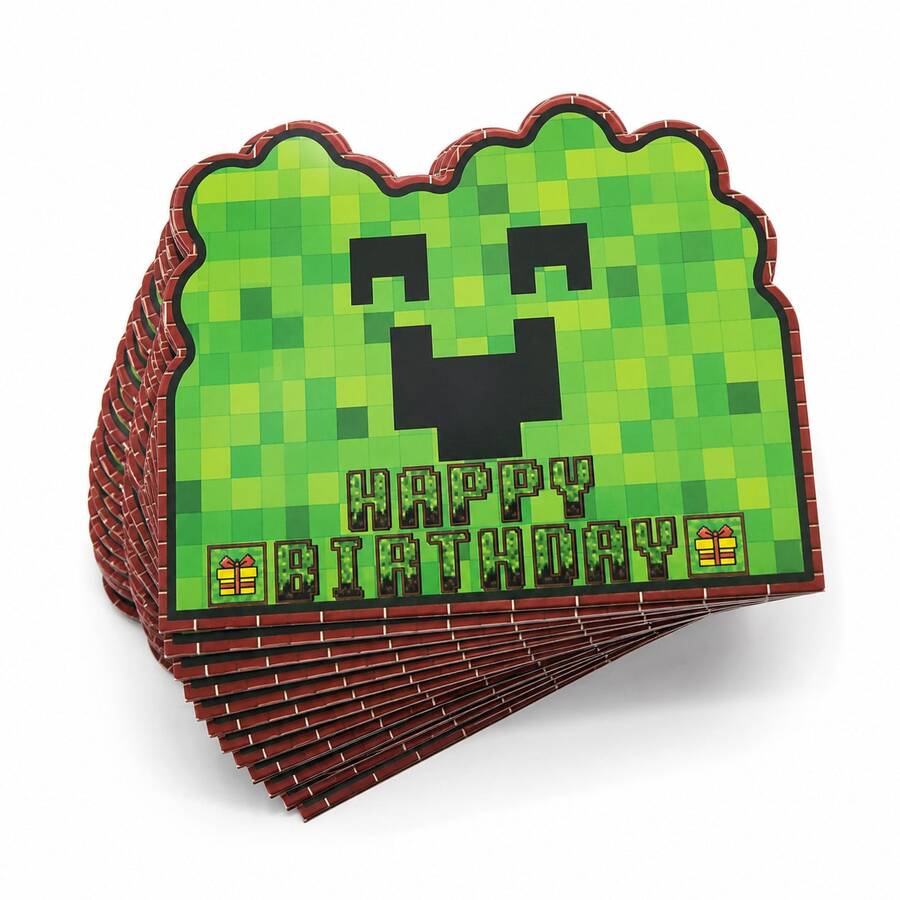 像素風生日派對邀請卡,遊戲 Creeper 設計填空式邀請函,適合兒童男孩生日派對裝飾用品 - 像素世界邀請卡 - 查看 1
