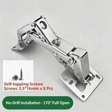 1pc Multi Size No Opening Sot Punch Fre Catbinet Frog IngesMeta Spring Fold Concealed Tinge Siver Square Edge Easy Stl Kitchen Wacdrobe Cuptoard Door Tardiware Hot Seling Parts - 175-degree Standard Hinge (including Screws) - View 8