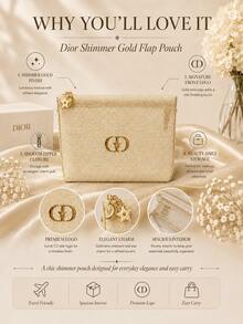 Bolsa de maquillaje tejida metálica dorada Dior 14*20cm, tela perlada, cremallera con estrella & luna, almacenamiento de maquillaje, textura de lujo, adecuada para uso personal y regalos - Dorado - Ver 5