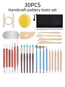 30-Piece Pottery Tools, One Storage Bag, 5 Embroidery Needles, 5 Silicone Pens, 4 Rolling Pins, A Sponge, A Cutting Line, A Steel Sheet, A Triangular Block, 6 Carving Tools, 1 Seven-Thread Needle, 4 Trimming Tools - Pottery Tools - View 1