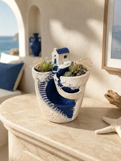 Santorini Village House Tiered Planter, Resin Multi Pocket Succulent Flower Pot, Mediterranean Mini Town Staircase Plant Pot For Indoor Windowsill Patio Garden Home Decor