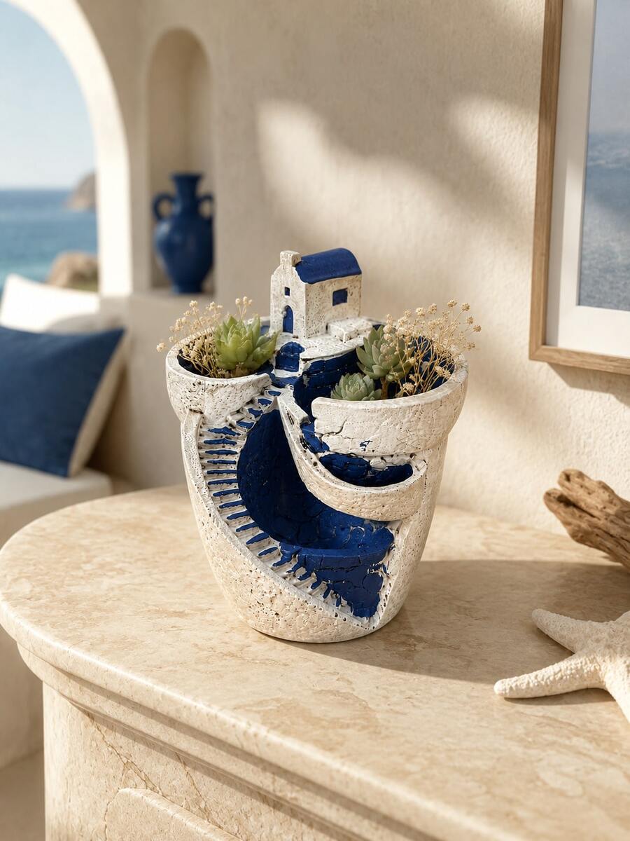 Santorini Village 分層花架 樹脂多格多肉植物盆栽 地中海迷你小鎮階梯式植栽盆 適用於室內窗台、陽台、花園、居家裝飾