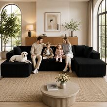 130" Cloud U-Shaped Modular Sectional Sofa, Boneless Corduroy Couch, Deep Seat Sleeper Sofa Bed With Chaise, High Density Foam, 8 Pillows, No Assembly, Oversized Living Room Couch,Black - 黑色 - 查看 9