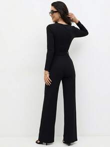 Women's Chic Long-Sleeved Striped Jumpsuit With Wide-Leg Pants, Ribbed And Elastane, Slim Fit, V-Neck, Casual And Elegant Winter Fashion - 黑炭 - 查看 3