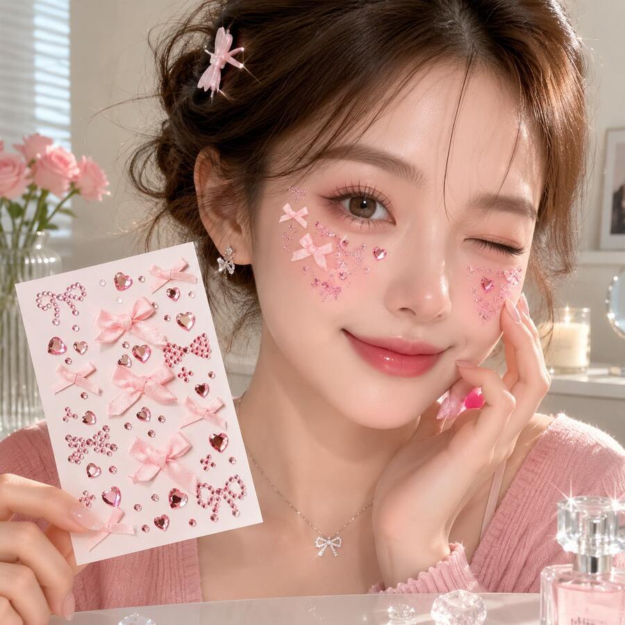 5pcs Sweet Girl Style Facial Rhinestone Stickers, Bow, Heart-Shaped Pointed Rhinestones, Fine Glitter Rhinestone Combination Layout, Multiple Matching, Quickly Create Atmospheric Makeup, Firmly Adhere To Cheeks, Eye Corners, Brow Bone, Collarbone, Sweat-Resistant And Long-Lasting. Pink Tone Girly Vibe, Suitable For Concerts, Birthday Photos, Bridal Makeup, Hanfu Lolita, Festival Party Looks. Portable Storage, Create Exquisite Glitter Atmospheric Makeup, Essential Facial Decoration Stickers For Beauty Bloggers And Photo Shoots - Multicolor - View 1