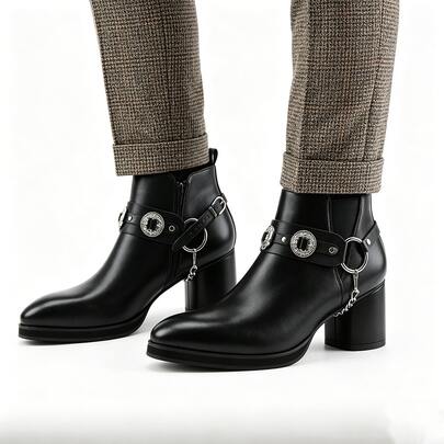 Black Pointy Chelsea Men's Boots, Thick-Heeled Booties With Metal Buckles And Chains, Punk Western Fashion Booties.