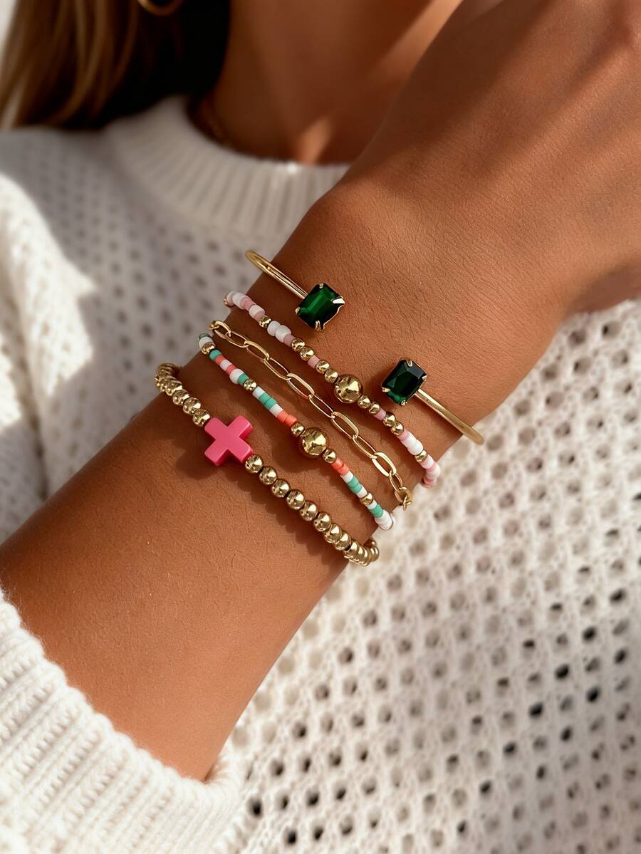5pcs Exquisite Cross Decor Bracelet & Multi-Layer Bracelet Set, CCB, Colorful Bead Bracelet, Suitable For Women's Daily, Vacation, Party Wear, Friendship Gift - Multicolor - View 1