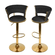 Set Of 2 Kitchen Stools With Velvet Upholstery And Woven Backrest And Adjustable Height, Bar Chairs, Restaurant, Swivel Frame - Black - View 1