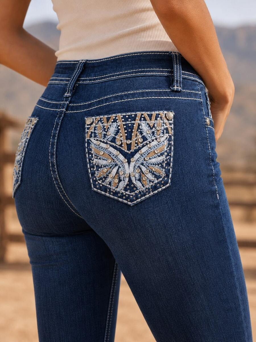 Rhinestone Bootcut Jeans - Pluma oscura - Ver 1
