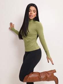 Basic Polyamide Blouse, Long Sleeves With Thumb Loops, High Neck. Second Skin, Plus Size/Slim. - 橄欖綠 - 查看 4