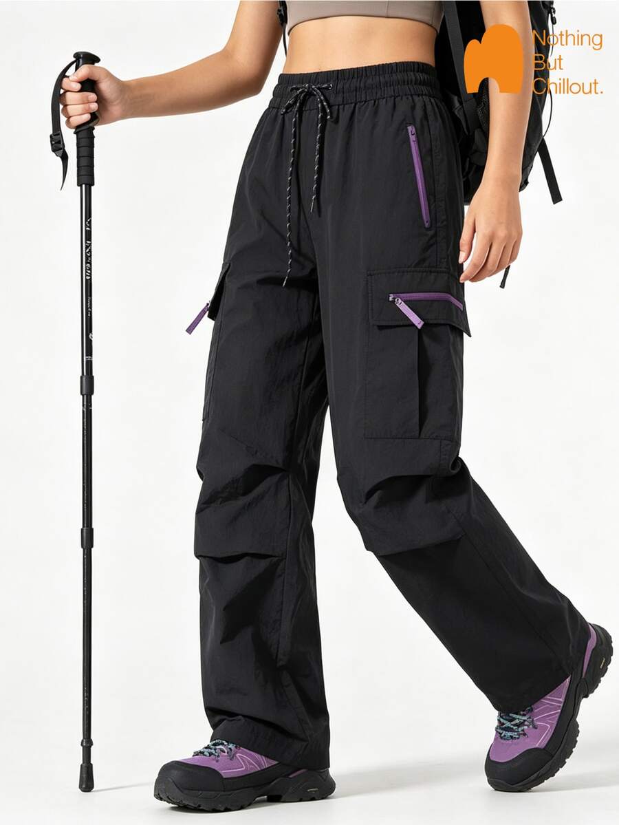 NBCT Women's Outdoor Cargo Wide Leg Pants With Elastic Drawstring Waist, Side Multiple Zipper Pockets, Versatile Casual Straight Leg Long Pants For Camping And Hiking