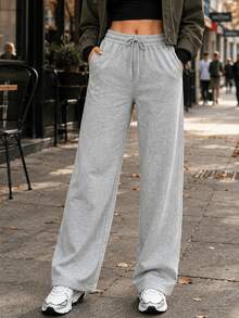 Women's Drawstring Elastic Waist Wide Leg Sweatpants, Soft Autumn Casual Sports Long Pants With Side Pockets - Light Grey - View 1