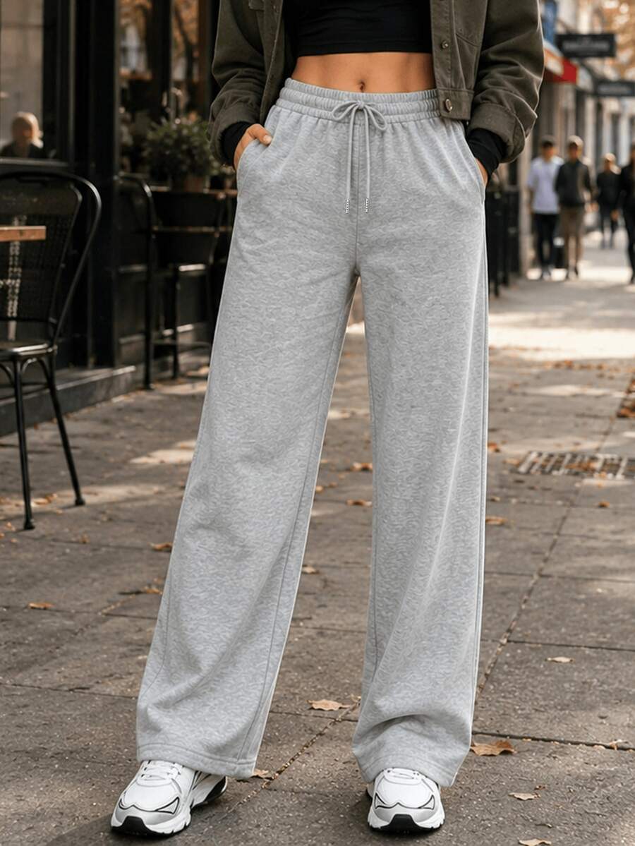 Women's Drawstring Elastic Waist Wide Leg Sweatpants, Soft Autumn Casual Sports Long Pants With Side Pockets - Light Grey - View 1
