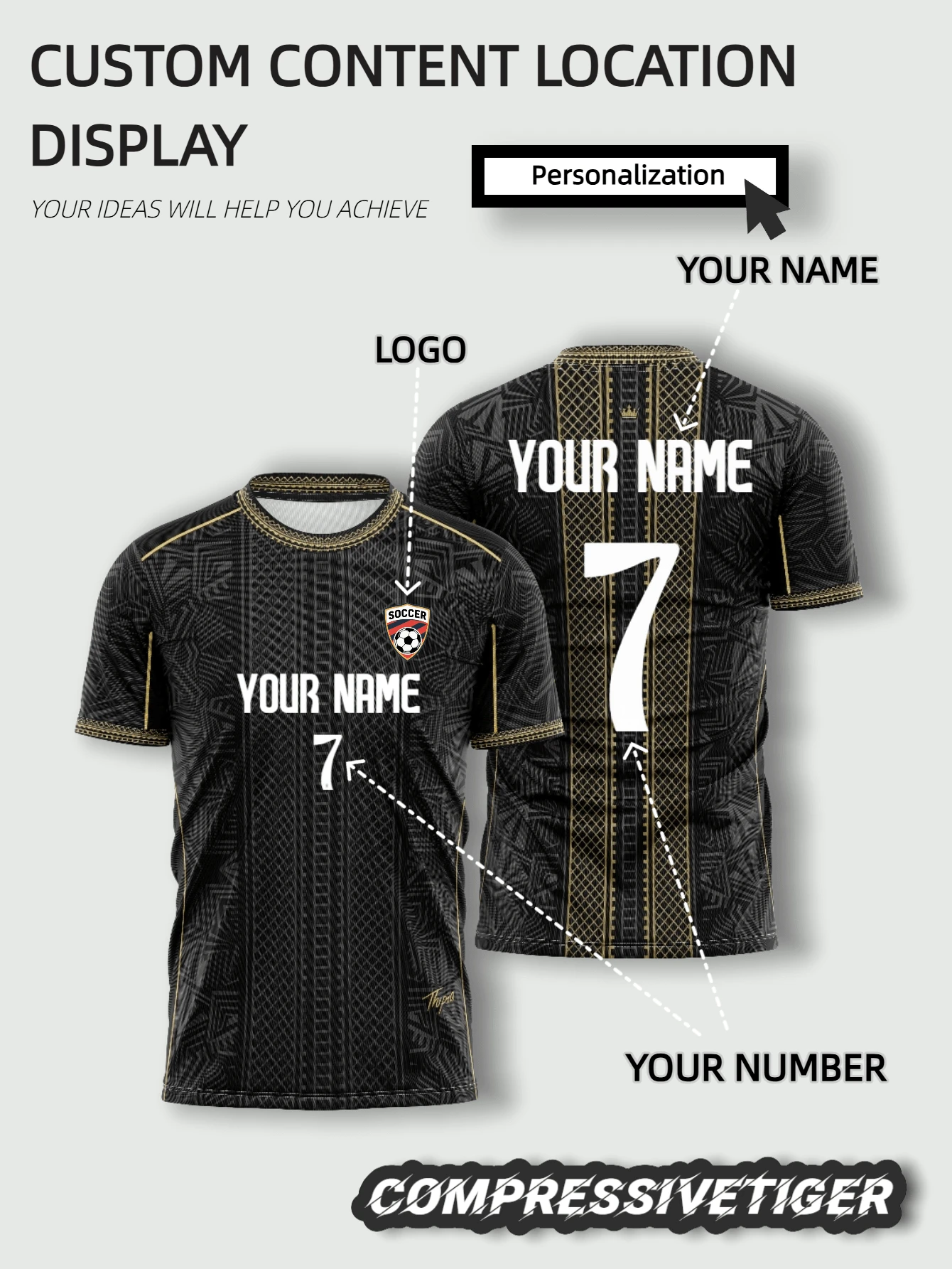 Football Match Brazil Special Edition Customized Jersey, Black Gold Football Shirt, Customizable Name And Number Sports Shirt - Black - View 1