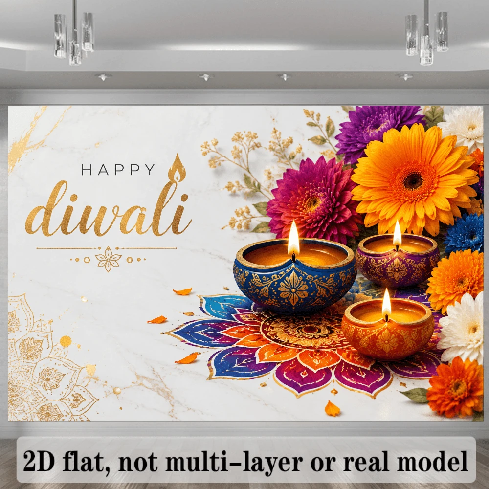 2D Flat Light Festival Theme Party Banner Background With "Happy Diwali" Theme, Featuring Traditional Oil Lamps, Colorful Flowers, Mandala Patterns And Golden Decorative Elements, Made Of Durable Polyester Material, No Power Required